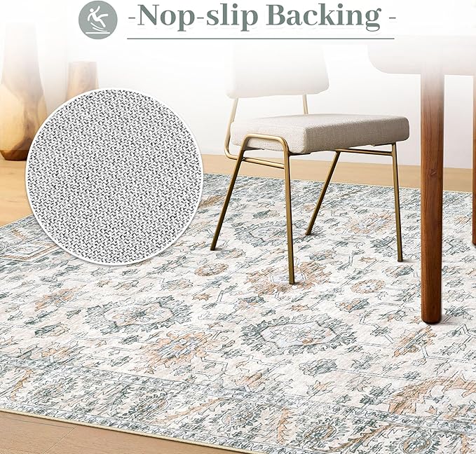 Area Rug 9x12 Living Room Rug, Machine Washable Vintage Distressed Boho Area Rug Non-Slip Soft Low Pile Large Indoor Rugs for Bedroom Kitchen Dining Room Office(Brown Green,9'x12')