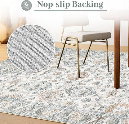 Area Rug 6x9 Living Room Rug, Machine Washable Vintage Distressed Boho Area Rug Non-Slip Soft Low Pile Large Indoor Rugs for Bedroom Kitchen Dining Room Office(Brown Green,6'x9')