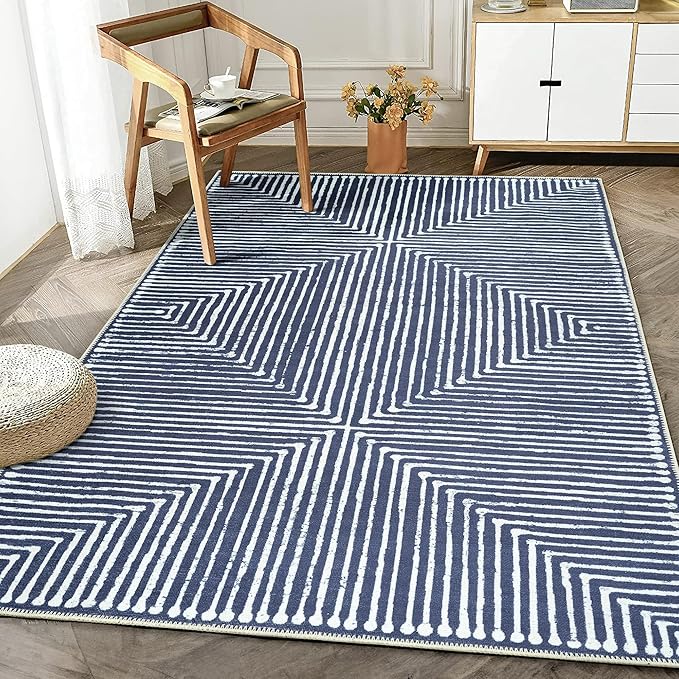 Bloom Rugs Washable Non-Slip 2' x 3' Rug - Blue Striped Area Rug for Living Room, Bedroom, Dining Room, and Kitchen - Exact Size: 2' x 3'
