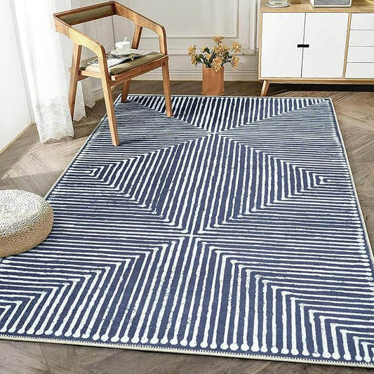 Bloom Rugs Washable Non-Slip 2' x 3' Rug - Blue Striped Area Rug for Living Room, Bedroom, Dining Room, and Kitchen - Exact Size: 2' x 3'