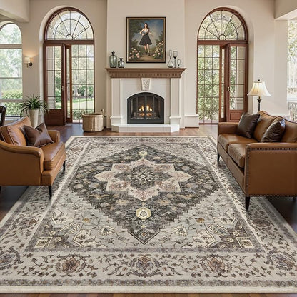 Tangsoo 9x12 Vintage Area Rugs for Living Room, Washable Indoor Non Slip Large Area Rugs, Print Distressed Grey Carpet, Soft Low Pile Rug Foldable Floor Rug for Bedroom Dining Room Dorm