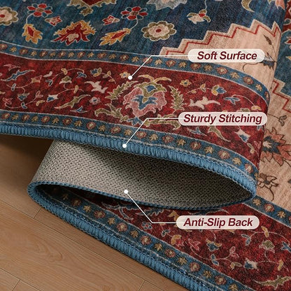 Tangsoo Oriental Red Rug 5x7 Washable Area Rugs for Living Room, Vintage Indoor Non Slip Large Area Rugs, Print Distressed Carpet, Soft Boho Low Pile Foldable Floor Rug for Bedroom Dining Room