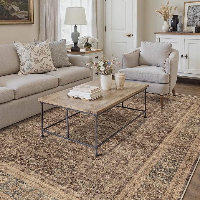 HUGEAR 5x7 Area Rug Brown Washable Bedroom Rug Vintage Neutral Soft Non Slip Distressed Carpet Low Pile Pet Friendly for Living Room Bedside Dining Room