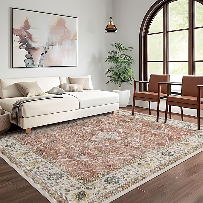 8x10 Rugs for Bedroom, Vintage Washable Rugs Non Slip Large Area Rug for Living Room Dining Room Office, Floor Decoration Big Carpet Low-Pile Kid & Pet Friendly(Border Brick Red)