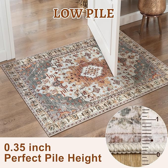 Tangsoo Vintage Rug 2x3 Washable for Entryway, Non Slip Small Area Rug, Indoor Front Door, Print Distressed Turmeric Door Mat Carpet, Soft Low Pile Rugs for Entrance Kitchen Bedroom Bathroom