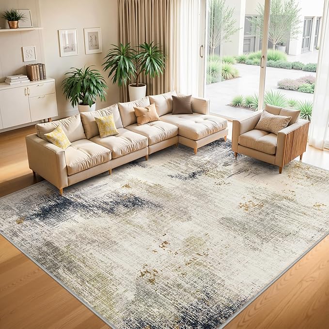 7x9 Washable Area Rugs - Modern Abstract Rugs for Living Room Non-Slip Low Pile Soft Machine Washable Carpet for Bedroom, Dining Room, Nursery, Home Office, Farmhouse (7'x9' Beige Tan)