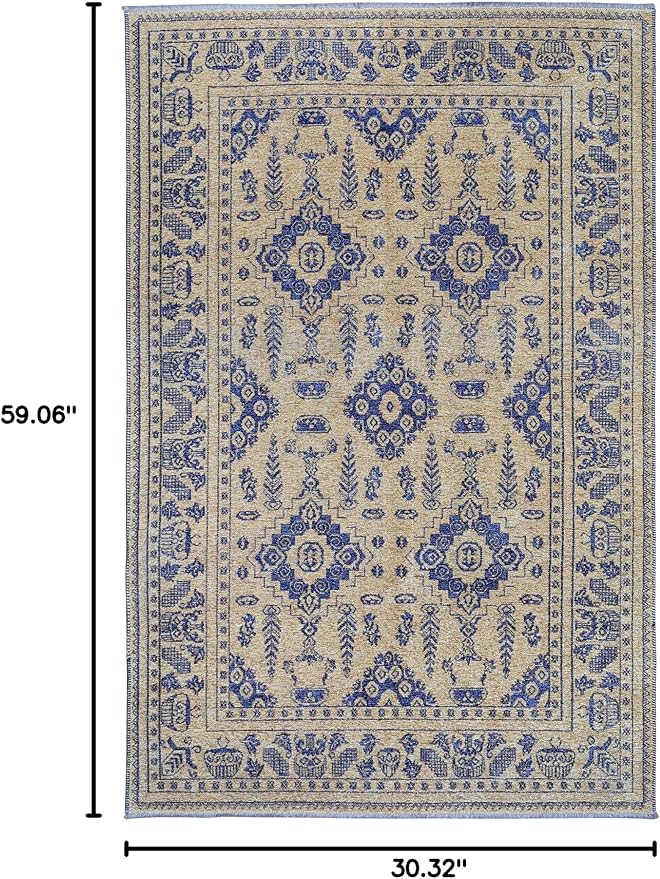 Alfa Rich 3x5 Gold Navy Blue Washable Area Rugs for Living Room Bedroom Kitchen Dining Cotton Runner