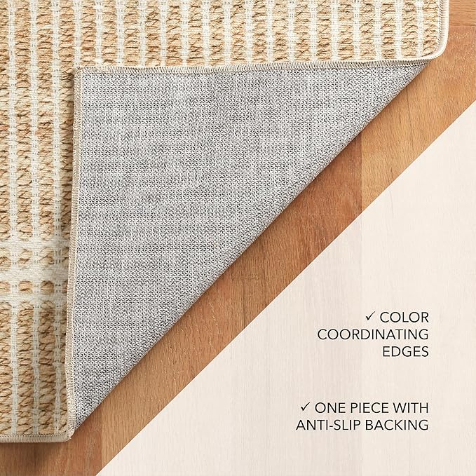 Dash and Albert Arbor Machine Washable Area Rug - 2.5' x 8' Runner Neutral Stripe Washable Accent Rug Stain-Resistant, Anti-Slip, High Traffic Kitchen, Mudroom