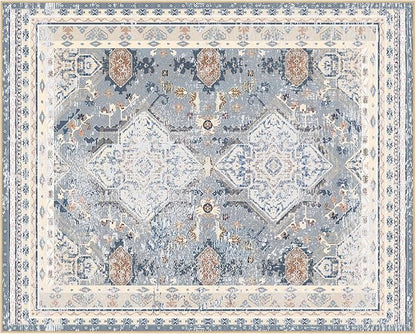 Phantoscope Washable Area Rug 8'x10' Non-Slip, Vintage Neutral Rugs for Living Room, Bedroom, Dining Room, Distressed Boho Geometric Medallion Pattern, Low-Pile Foldable Floor Carpet, Dusty Blue/Multi