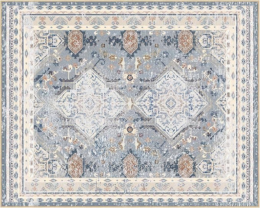 Phantoscope Washable Area Rug 8'x10' Non-Slip, Vintage Neutral Rugs for Living Room, Bedroom, Dining Room, Distressed Boho Geometric Medallion Pattern, Low-Pile Foldable Floor Carpet, Dusty Blue/Multi