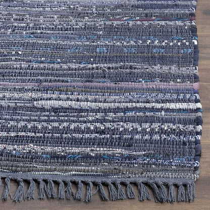 SAFAVIEH Rag Rug Collection Area Rug - 4' Square, Ink & Multi, Handmade Boho Stripe Cotton, Ideal for High Traffic Areas in Living Room, Bedroom (RAR121C)