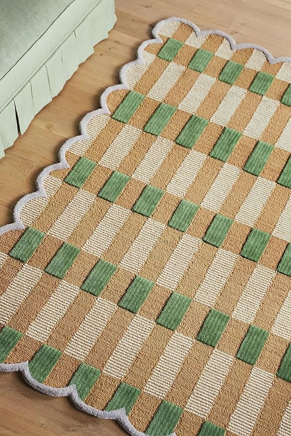 Hand-Tufted Wool Area Rug with Scalloped Edges, Beige and Green Plaid Pattern, Cozy and Soft Accent Rug for Living Room, Bedroom, and Nursery, Handmade Decorative Rug, 2.5x9 Ft (Runner)