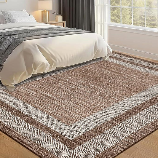 GarveeHome Modern Geometric Rug 4x6 Washable Rug for Living Room, Soft Non Shedding Indoor Carpet with Non Slip TPR Backing, Low Pile Thin Foldable Printed Floor Mats for Dining Room, Brown
