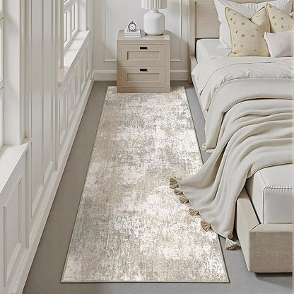 Modern Abstract Beige Gray Area Rug 2x6 Hallway Runner Machine Washable Carpet Bathroom Kitchen Indoor Accent Throw Low Pile Non Slip Distressed Laundry Living Dining Room Bedroom Office