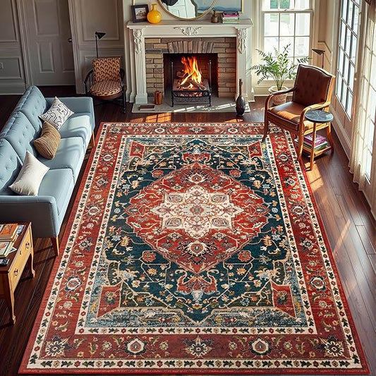 YJ.GWL Area Rugs for Living Room 9x12 Machine Washable Rugs, Non Slip Floral Vintage Rug Indoor Carpet, Stain Resistant Large Rug for Bedroom Dining Room, Orange-Red