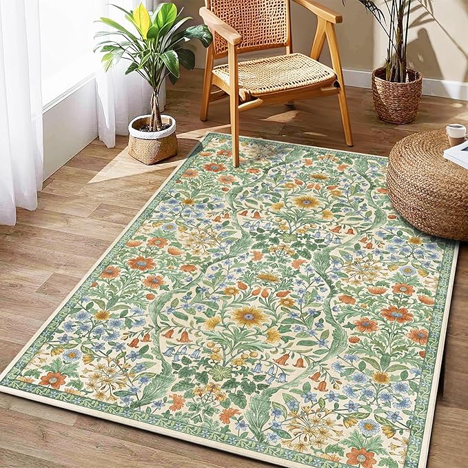 4x6 Grass Green Floral Boho Area Rug,Low-Pile Stain Resistant Non-Slip Machine Washable Carpet for Living Room,Bedroom, Kitchen,Entryway,Dining Room, Nursery