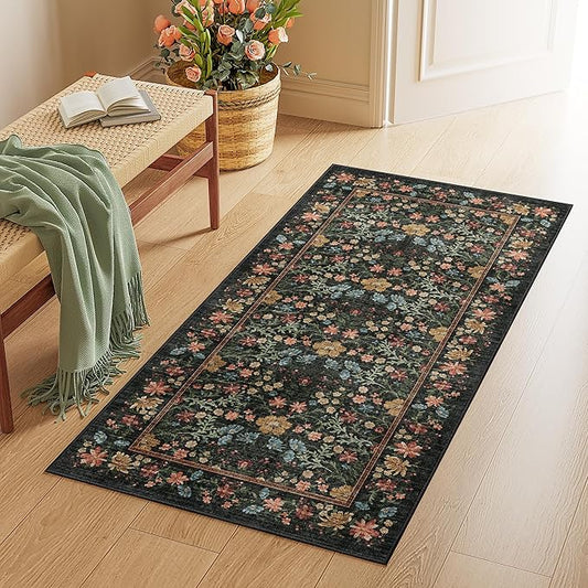 DUKINO 2x4 Rug for Entryway, Lightweight Washable Runner Rug with Non Slip Backing, Vintage Floral Low Pile Small Carpet Runner for Kitchen, Hallway, Entryway, Bathroom, Bedroom, Black