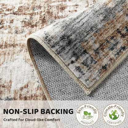 Square Area Rug Living Room Rugs - 8x8 Washable Large Soft Indoor Neutral Modern Abstract Low Pile Rug Carpet for Bedroom Dining Room Farmhouse Home Office - Grey Brown