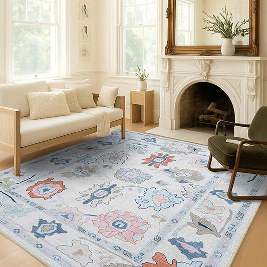 Fame Living Cream Oushak Rug, Modern, Vintage, Turkish, Eclectic, Floral, Pastel, Washable, Area Rugs for Living Room, Dining, Bedroom, Office, Entryway, Foyer, Playroom, Nursery, 5'x6'9"