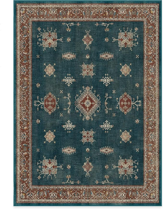RUGGABLE Washable Vintage Area Rug – Verena Teal Blue 5x7, Stain-Resistant, Non-Slip – Medium Machine Washable Rugs for Living Room, Bedroom, Hallway, Entryway & Office–with Cushioned Pad