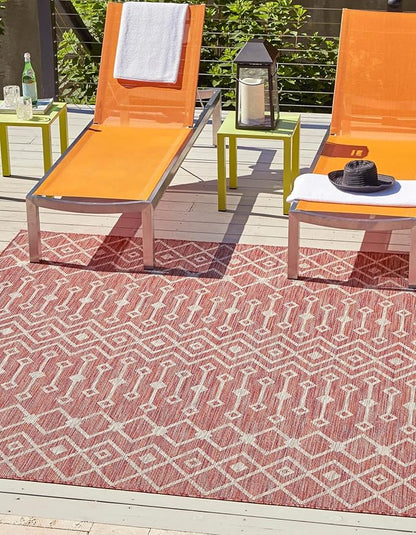 Unique Loom Outdoor Trellis Collection Area Rug - Tribal Trellis (5' 3" Square, Rust Red/ Ivory)