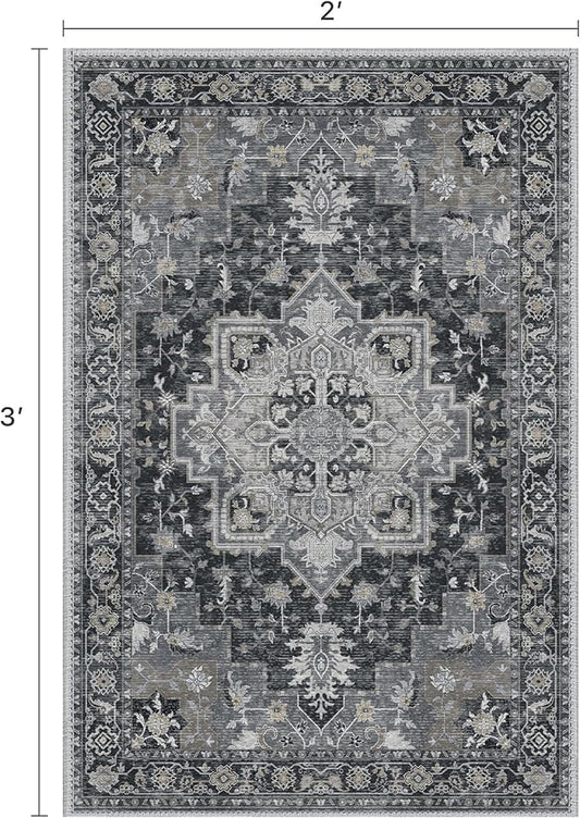 Area Rug 2x3 Doormat, Machine Washable Low Pile Rugs, Small Retro Entryway Mat for Entrance, Hallway, Kitchen and Corridor, Dark Gray