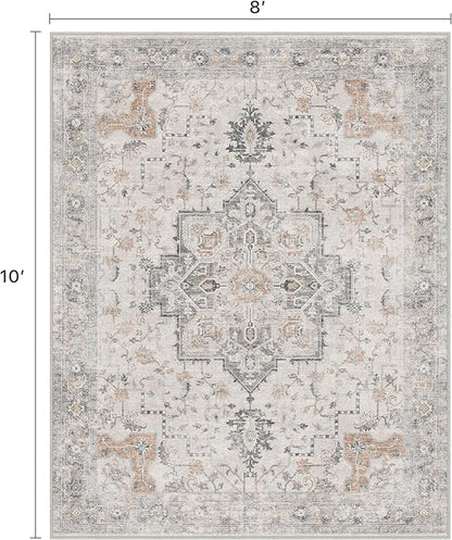 8x10 Area Rugs for Living Room, Machine Washable Non Slip Vintage Rugs, Low Pile Lightweight Print Rug for Bedroom, Dining Room, Home Office, Light Taupe Brown