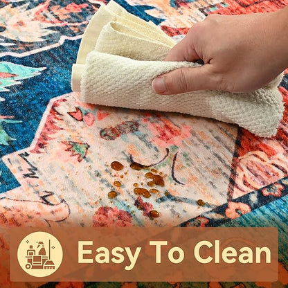 YJ.GWL Area Rugs for Living Room 6x9 Machine Washable Rugs, Non Slip Floral Vintage Rug Indoor Carpet, Stain Resistant Large Rug for Bedroom Dining Room, Red Blue Gradient Color