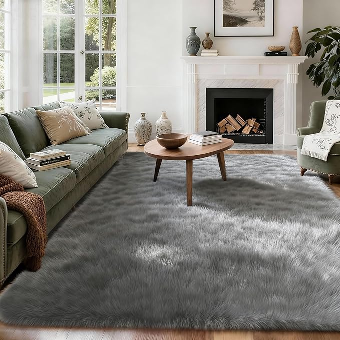 8x10 Solid Fluffy Grey Area Rug – Washable, Durable, Extra Large Living Room Rug, Non-Slip High Pile Shag Rugs for Bedroom, Playroom, Nursery Rooms, Kids Room, Soft Indoor Floor Carpet Decor