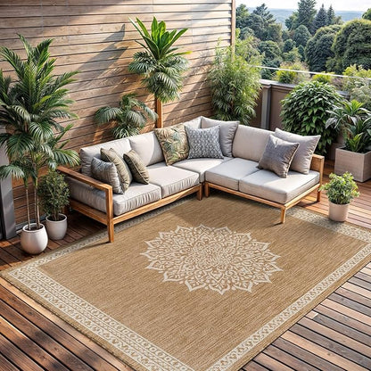 CAMILSON Outdoor Rug 6x9 Medallion Natural Modern Area Rugs for Indoor and Outdoor Patios Kitchen and Hallway Mats Washable Porch Deck Outside Carpet (Medallion Natural 6 x 9)