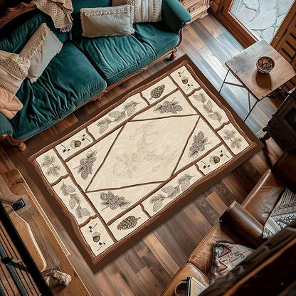 Country Cottage Deer Area Rugs 5x8ft Animal Plant Pine Cone Leaves Branches Patchwork Pattern Featured Indoor Floor Rugs, Vintage Style Non-Slip Non-Shedding Rugs for Farmhouse Office Living Room