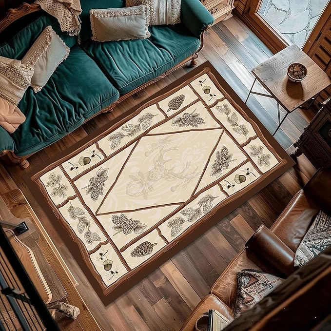 Country Cottage Deer Area Rugs 5x7ft Animal Plant Pine Cone Leaves Branches Patchwork Pattern Featured Indoor Floor Rugs, Vintage Style Non-Slip Non-Shedding Rugs for Farmhouse Office Living Room