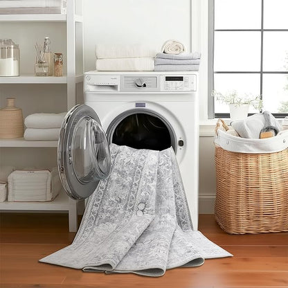 ReaLife Rugs Machine Washable Area Rug - Living Room Bedroom Bathroom Kitchen Entryway Office - Padded Low Pile Stain Resistant Premium - Boho Farmhouse Vintage - Noor - Silver Ivory 7'6" x 9'6"