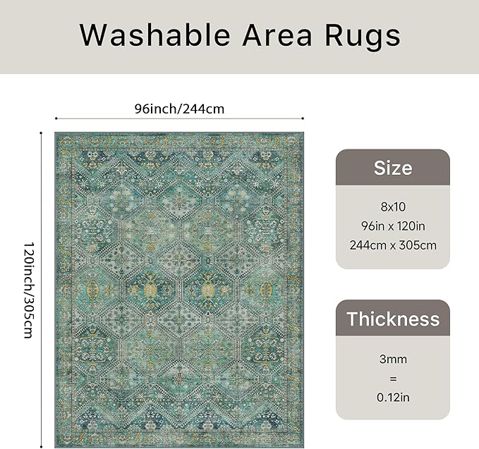 Bavni 8x10 Area Rugs for Living Room, Machine Washable Rug Non Slip, Vintage Chenille Distressed Print Carpet, Large Low Pile Ultra-Thin Lightweight Rugs for Bedroom, Dining Room, Home, Office, Cyan