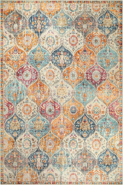 Lahome Moroccan 6x9 Rugs for Living Room, Soft Washable 6x9 Area Rug for Bedroom, Ultra-Thin Oriental Trellis Distressed Non Shedding Throw Large Carpet for Dining Room Office, Cream/Multi