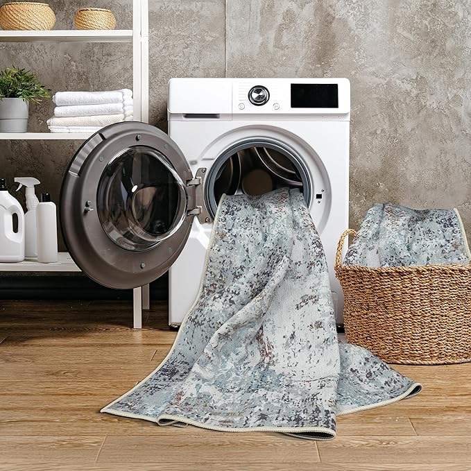 GLN Rugs Contemporary Collection - Machine Washable Area Rug, Contemporary Washable, Non Slip, Low Pile Chenille Rug, Living Room, Bedroom, Kitchen Rug (2' x 3' White/Grey/Blue/Brown)