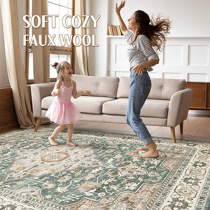 Green Rug Living Room Rugs: 8x10 Washable Boho Large Vintage Soft Stain Resistant Farmhouse Oriental Non Slip Indoor Floor Carpet for Bedroom Nursery Kids Playroom Office Dining Room Home Decor