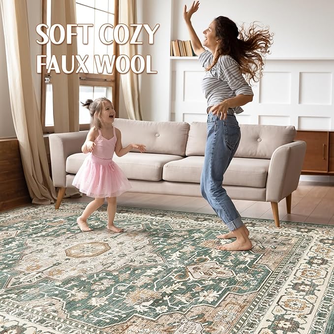 Green Rug Living Room Rugs: 7x10 Washable Boho Large Vintage Soft Stain Resistant Farmhouse Oriental Non Slip Indoor Floor Carpet for Bedroom Nursery Kids Playroom Office Dining Room Home Decor