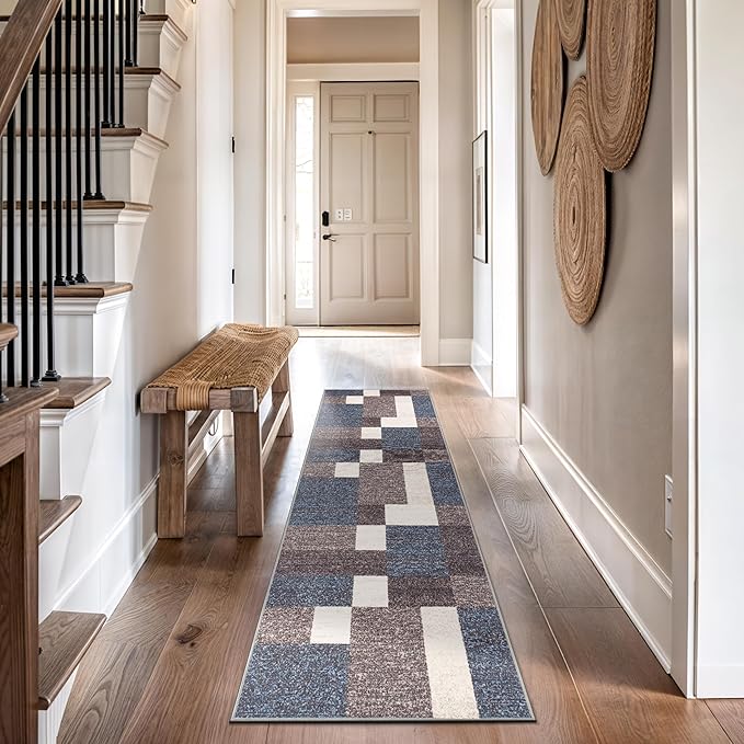 Rugshop Modern Boxes Design Non-Slip (Non-Skid) Carpet for Hallway,Entryway,Kitchen Runner Rug 2' x 10' Blue