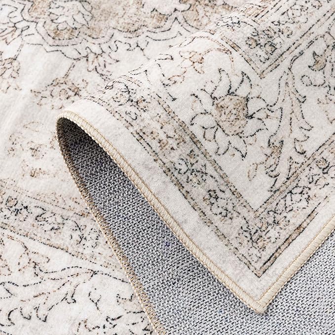 Beige Area Rug 5x7 Washable Vintage Carpet for Living Room Office Soft Retro Low Pile Thin Indoor Rug Non Slip Oriental Medallion Floor Cover for Bedroom Dining Room