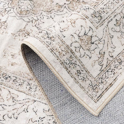 Beige Area Rug 9x12 Washable Vintage Carpet for Living Room Bedroom Large Soft Retro Low Pile Thin Indoor Rug Non Slip Oriental Medallion Floor Cover for Dining Room Office