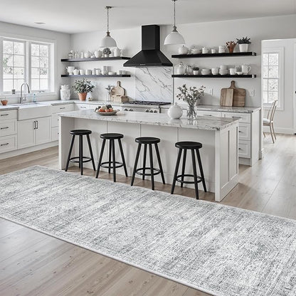 Washable Runner Rug, 2'6" x 8' Non-Slip Kitchen Vintage Foldable Hallway Runners for Entryway, Laundry, Bedroom, Grey