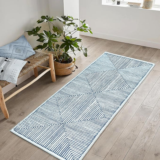 Bloom Rugs Washable Non-Slip 7 ft Runner - Blue/Ivory Striped Runner for Entryway, Hallway, Bathroom, and Kitchen - Exact Size: 2.5' x 7'