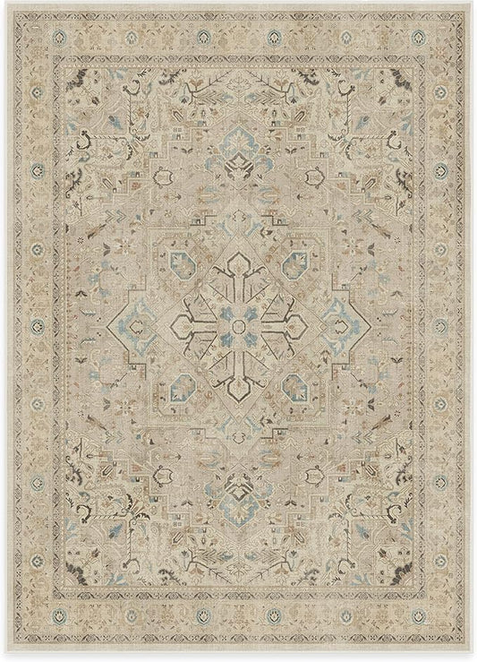 RUGGABLE Washable Vintage Area Rug – Kamran Ivory Opal 5x7, Stain-Resistant, Non-Slip – Medium Machine Washable Rugs for Living Room, Bedroom, Hallway, Entryway & Office–with Standard Pad