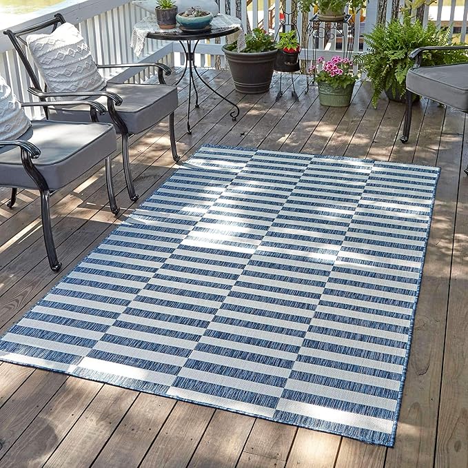 Unique Loom Outdoor Striped Collection Area Rug - Striped (7' 1" x 10' Rectangle, Blue/Ivory)