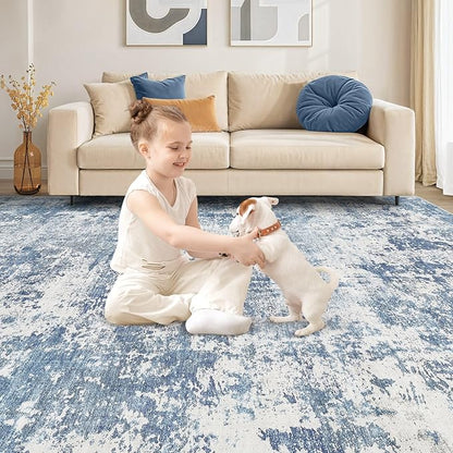 9x12 Area Rug Living Room Rugs - Washable Neutral Modern Abstract Soft Thin Rug Indoor Floor No Slip Rug Carpet for Bedroom Under Dining Table Home Office Decor - Blue White