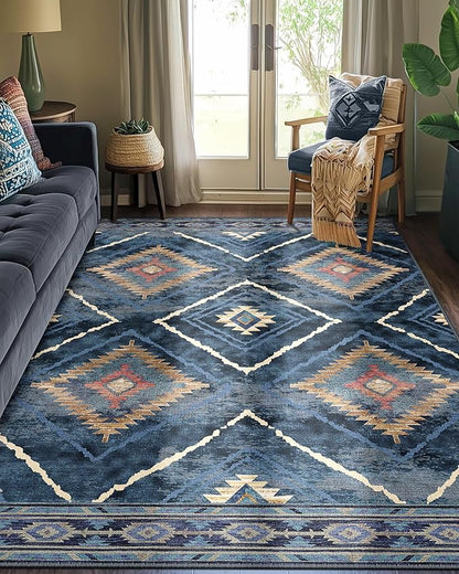 Area Rug 5x7 Rug Machine Washable Non-Slip Low Pile Print Pattern Western Rug for Living Room Bedroom Entryway Tribal Series -Darkblue