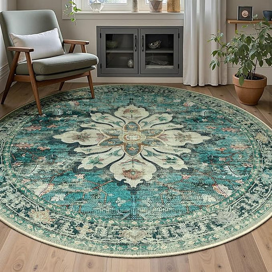 Area Rugs 7ft Washable Non-Slip, Floral Vintage Distress Print Pattern Medallion Carpet for Living Room Bedroom Dining Room, Dark Blue Vintage
