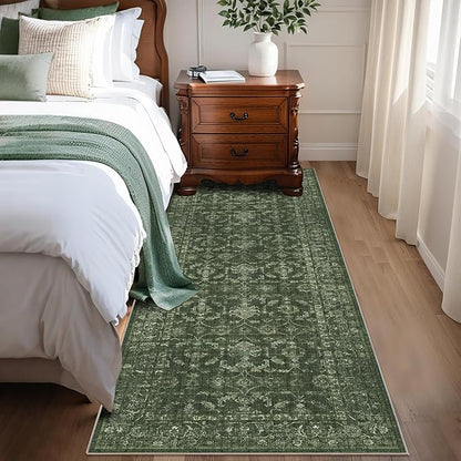 Washable Area Rug 2.6x8 Green Runner Rugs for Living Room, Vintage Boho Hallway Large Rug for Bedroom Dining Room Office, Distressed Floral Carpet for Under Table, Soft Non Slip Low Pile Throw Carpet