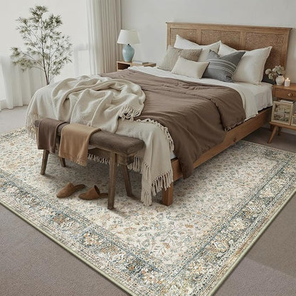 Beige Area Rug 6x9 Living Room Machine Washable Vintage Carpet Non Slip Indoor Retro Traditional Accent Throw Large Rug for Office Bedroom Dining Room Playroom